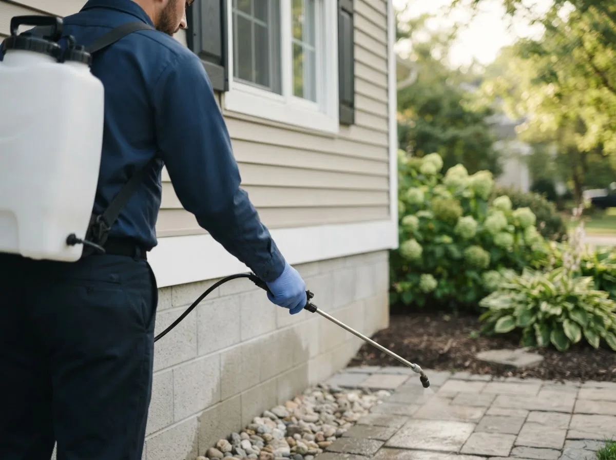 Pest control technician inspecting a home in Blakely, GA